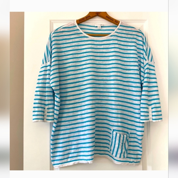 J Jill Striped Linen + Cotton Sweater in Aqua/Turquoise & White - Picture 2 of 6